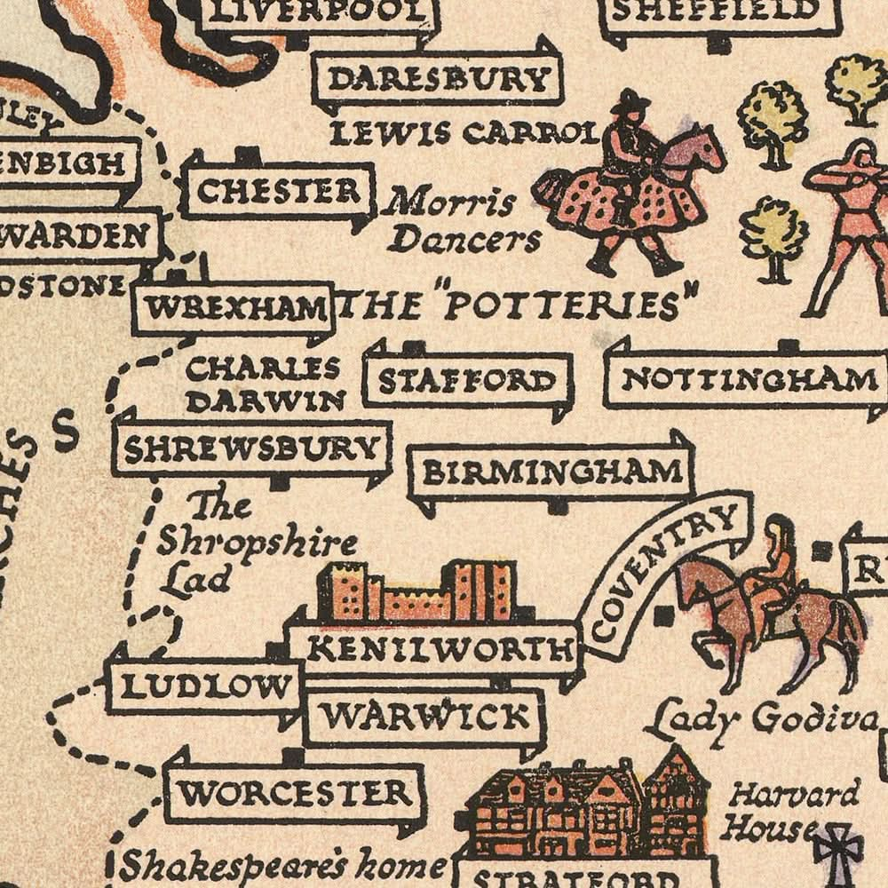 Old Historical Map of England, 1936: Stonehenge, Globe Theatre, Parliament, Heroes, Battles