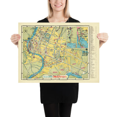 Old Map of Bangkok, 1954: Chao Phraya, Wat Arun, Grand Palace, Dusit, Lumphini Park