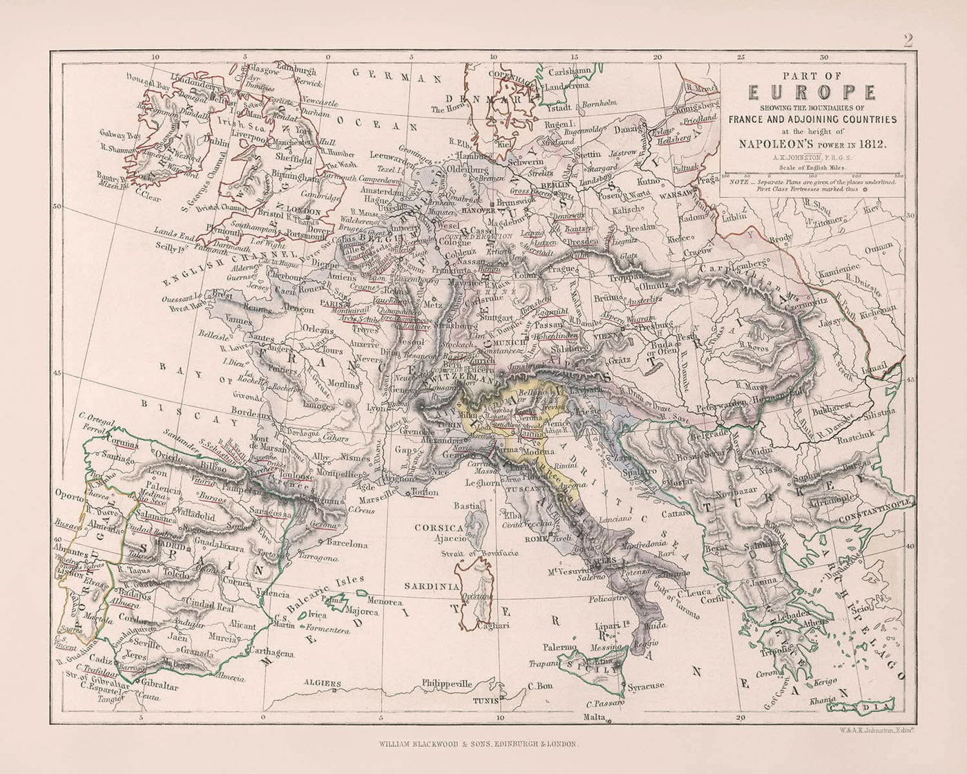 Old Map of Europe at the Height of Napoleon's Power, 1812