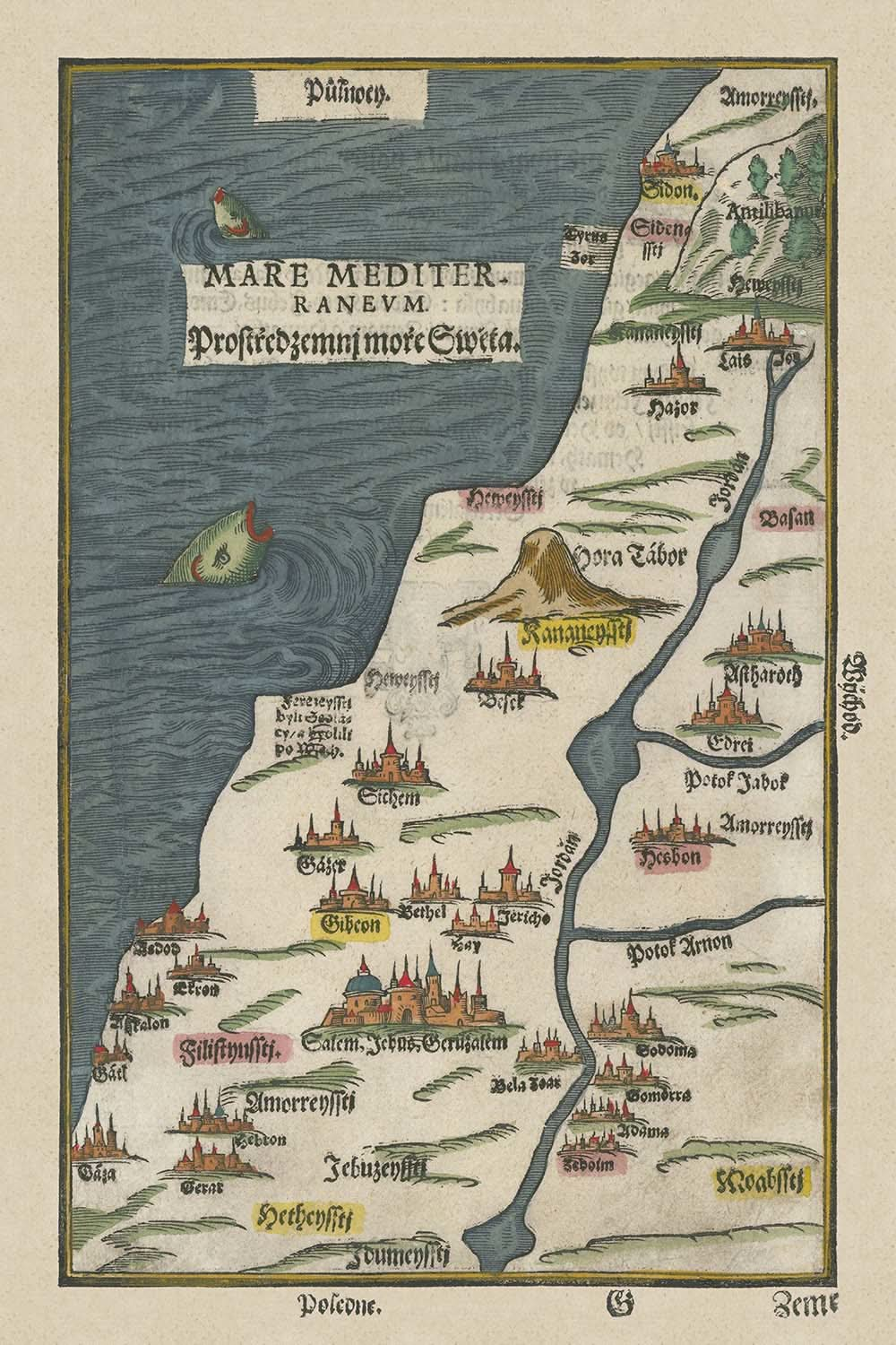 Old Map of Palestine by Bunting, 1592: Canaan, Israel, Jerusalem, Gaza, Jordan River