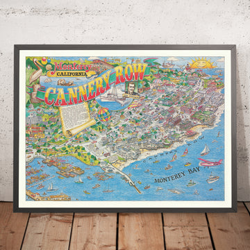 Ancienne carte picturale de Monterey, Californie par Gilliland, 1988 : Cannery Row, Waterfront, Wave St, Foam St, Steinbeck 