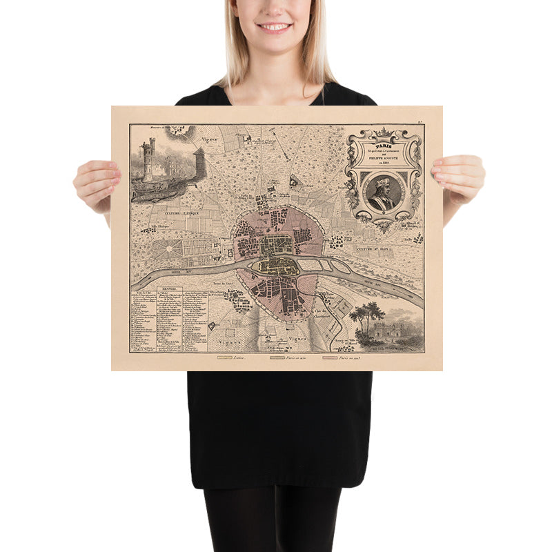 Old Map of Medieval Paris by Vuillemin, 1869: Notre-Dame, Île de la Cité, Seine, Louvre, City Walls