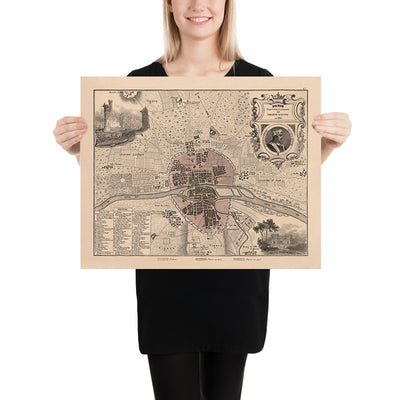 Old Map of Medieval Paris by Vuillemin, 1869: Notre-Dame, Île de la Cité, Seine, Louvre, City Walls