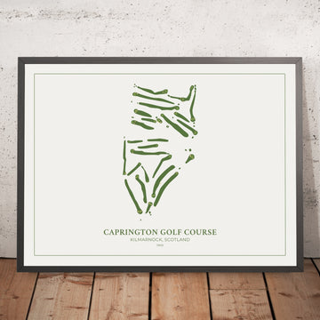 A framed image of Caprington Golf Course in the style of a simple and modern golf course map