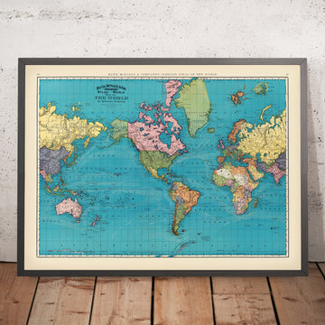 Old America Centred Map of the World, 1897: Mercator Projection, Time Zones, Colourful