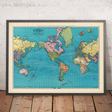 Ancienne carte du monde centrée sur l’Amérique, 1897 : projection de Mercator, fuseaux horaires, colorée 