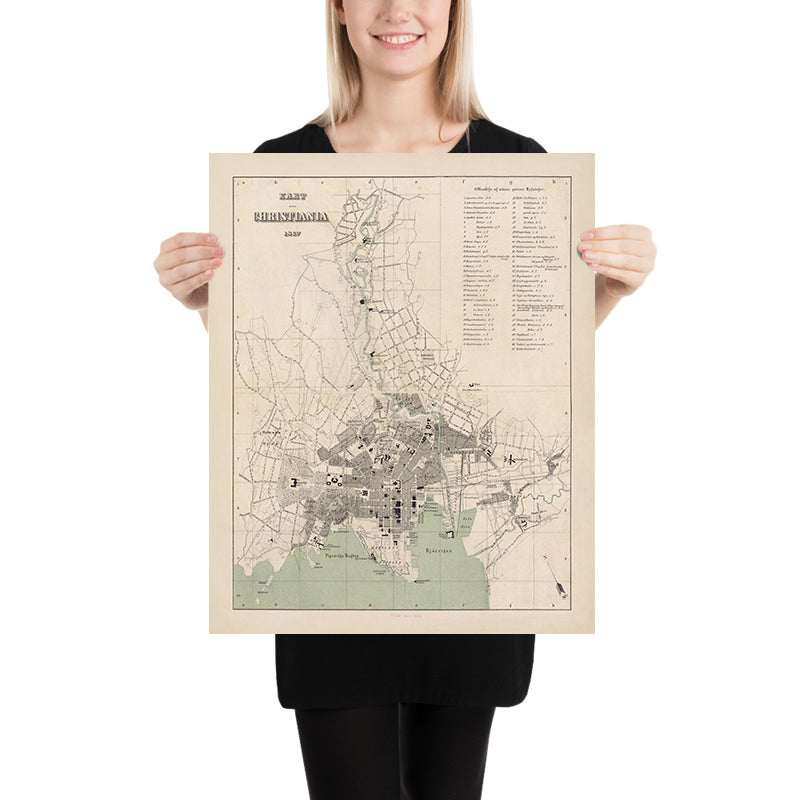 Vecchia mappa di Oslo di Steenstalles, 1867: Christiania, Palazzo Reale, Fortezza di Akershus, Karl Johans Gate, Bjørvika, Stortorvet 