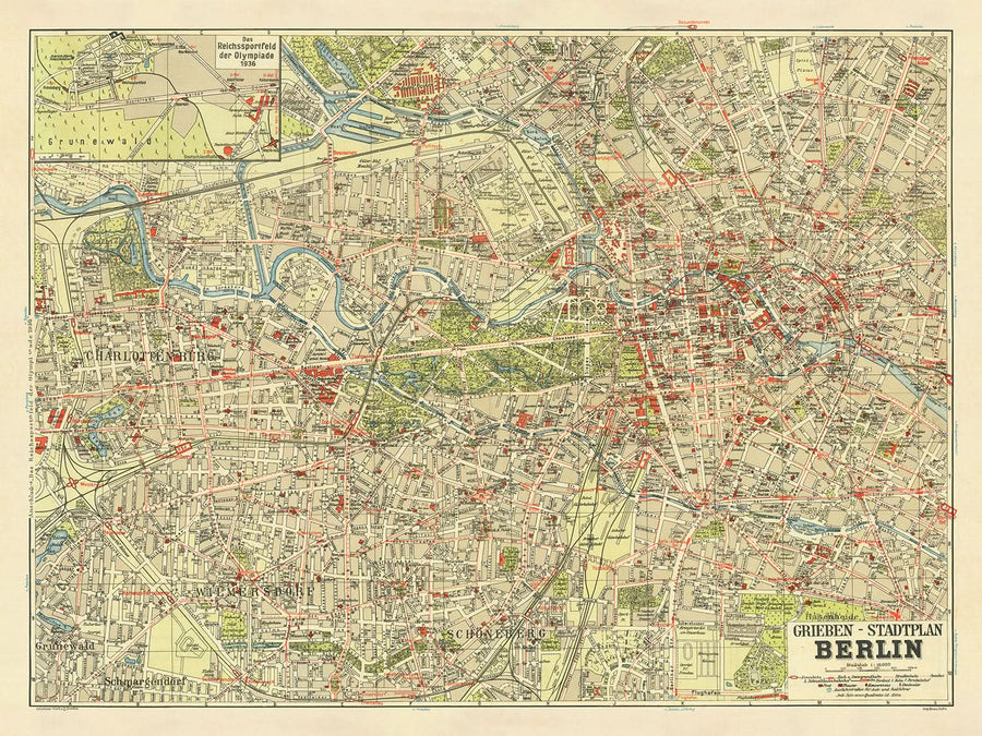 Mappa antica di Berlino di Stilke, 1936: Olimpiadi, Grunewald, Tiergarten, Kurfürstendamm, Unter den Linden 