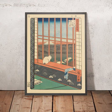 Una imagen enmarcada de Gato en el alféizar de la ventana (Observando el festival) de Utagawa Hiroshige, 1857