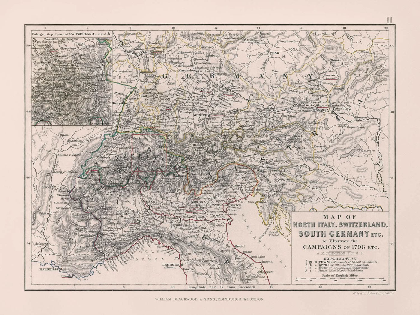 Mapa militar antiguo de las campañas de Napoleón, 1796: Milán, Zúrich, Venecia, batallas, rutas