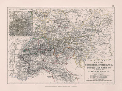 Old Map of Napoleon's Campaigns in Italy, Switzerland and Germany, 1796