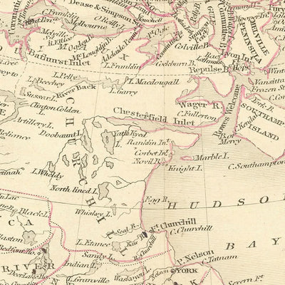 Alte Karte von Kanada von Tallis, 1851: Montreal, Hudson's Bay Co., Fury & Hecla Strait, Vignetten, Dekor