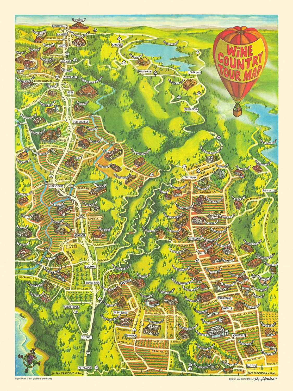 Old Wine Country Map of Napa and Sonoma by Morales, 1981: Santa Rosa, Lake Berryessa, Russian River