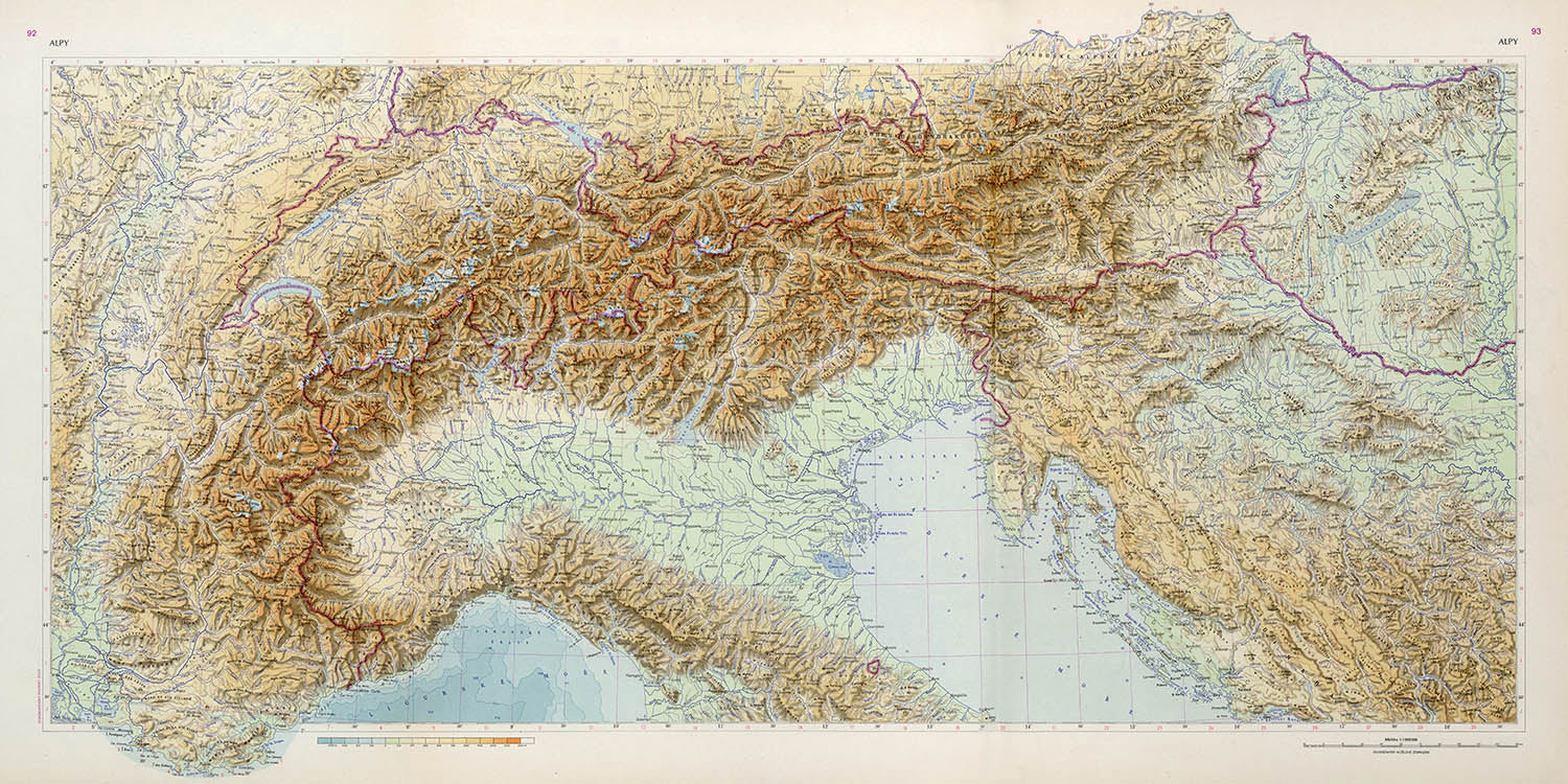 Antica carta topografica delle Alpi europee, 1965: Milano, Zurigo, Mon ...