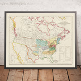 Mapa antiguo y raro de las tribus indígenas de Norteamérica, 1844: reuniones cuáqueras, nativos americanos 