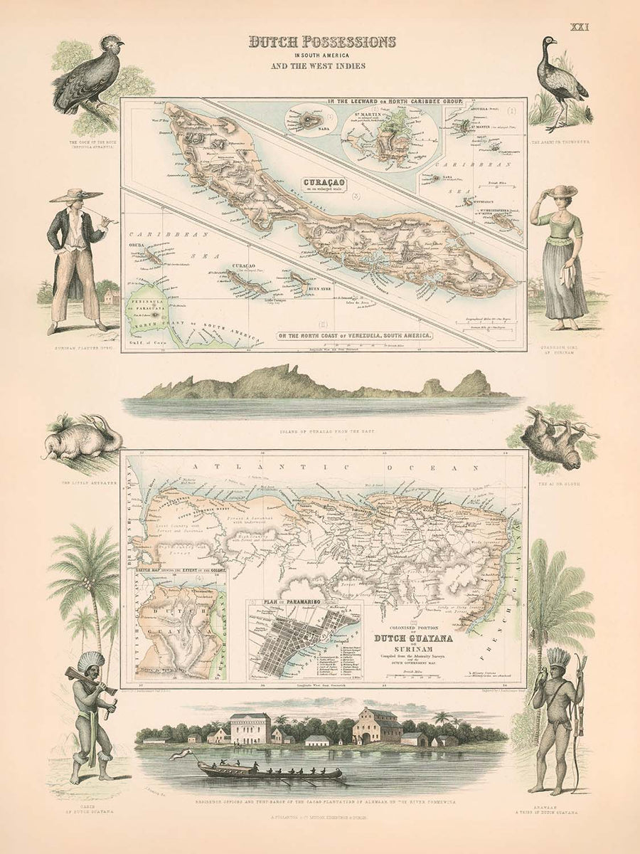 Mappa antica di Curaçao, Suriname e Isole Sottovento di Fullarton, 1865: Possedimenti coloniali olandesi 