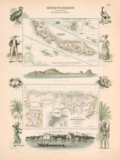 Old Map of Curaçao, Suriname & Leeward Islands by Fullarton, 1865: Colonial Dutch Possessions