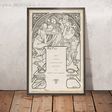 A framed image of Sarah Bernhardt Banquet Menu by Alphonse Mucha, 1896
