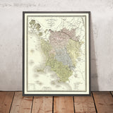 Ancienne carte géométrique de la Toscane par Marmocchi, 1839 : Florence, Pise, Livourne, Sienne, Arezzo 