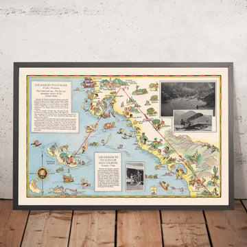 Mappa pittorica della rotta aerea Los Angeles-Catalina, 1929: Western Air Express, Casino Resort, Fokker Tri-Motore, Santa Monica, Pasadena 