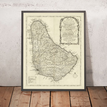 Mapa antiguo de Barbados de Jefferys, 1750: parroquias, fábricas de azúcar, iglesias, ríos y fortalezas