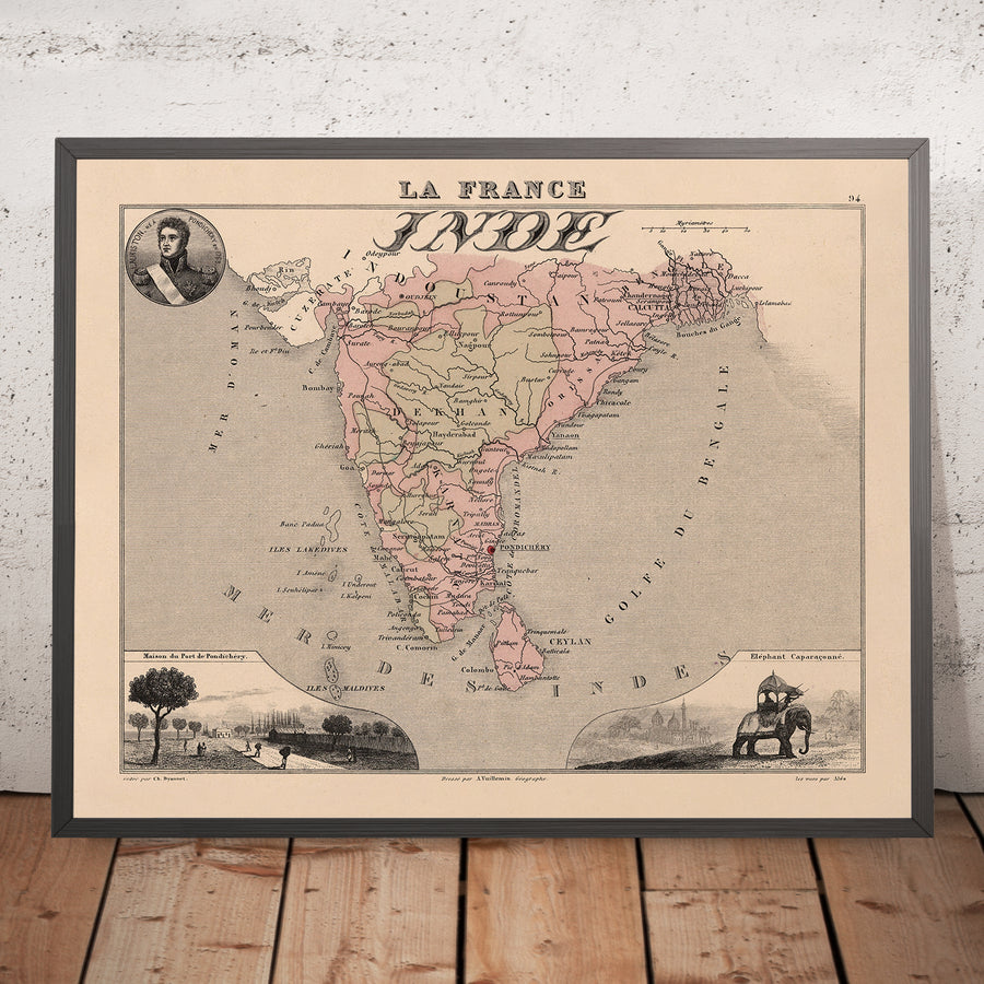Antica mappa della "India francese" di Vuillemin, 1869: Enclavi francesi, Pondicherry, Chandannagar, Mahé, Mare di Bengala 