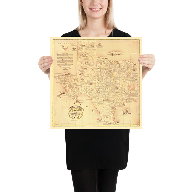 Very Large Map of Texas by Hoffman & Walker, 1965: Historical, Alamo, Galveston, Chisholm Trail, Spanish Explorers