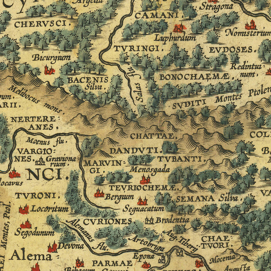 Mappa antica della Germania e della Polonia di Ortelius, 1624: Reno, Danubio, Mare del Nord, Foreste 