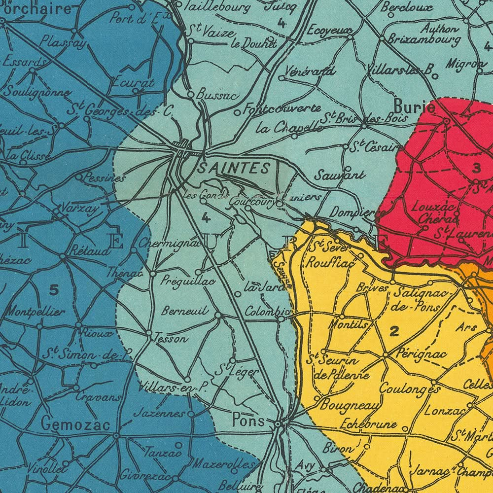 Mapa antiguo de Cognac de Bidoit, 1938: Burdeos, La Rochelle, clasificaciones de los crus, océano Atlántico, ferrocarriles