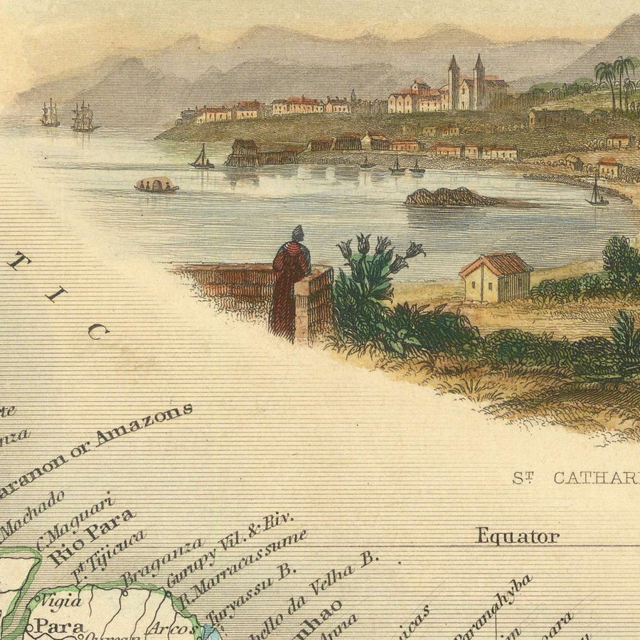 Ancienne carte du Brésil par Tallis, 1851 : fleuve Amazone, Rio de Janeiro, São Paulo, Salvador, côte atlantique 