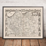 Ancienne carte monochrome de la Pologne par Speed, 1676 : Varsovie, Cracovie, Gdańsk, mer Baltique 