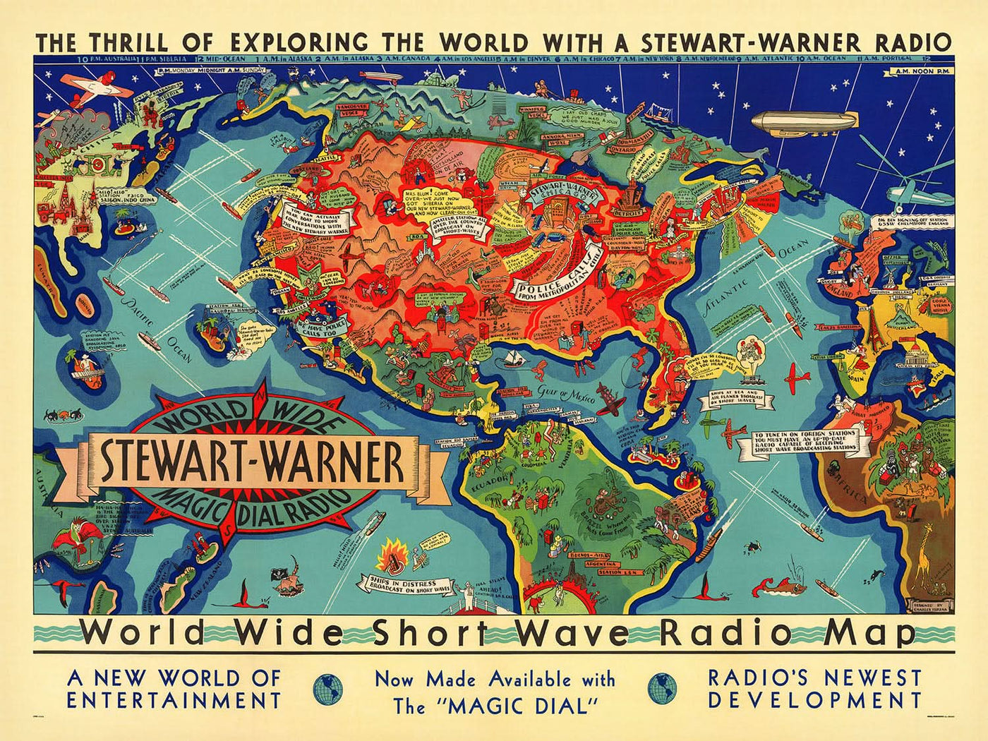 Carte du monde de la radio à ondes courtes de Turzak, 1932 : communication dynamique, thématique et mondiale