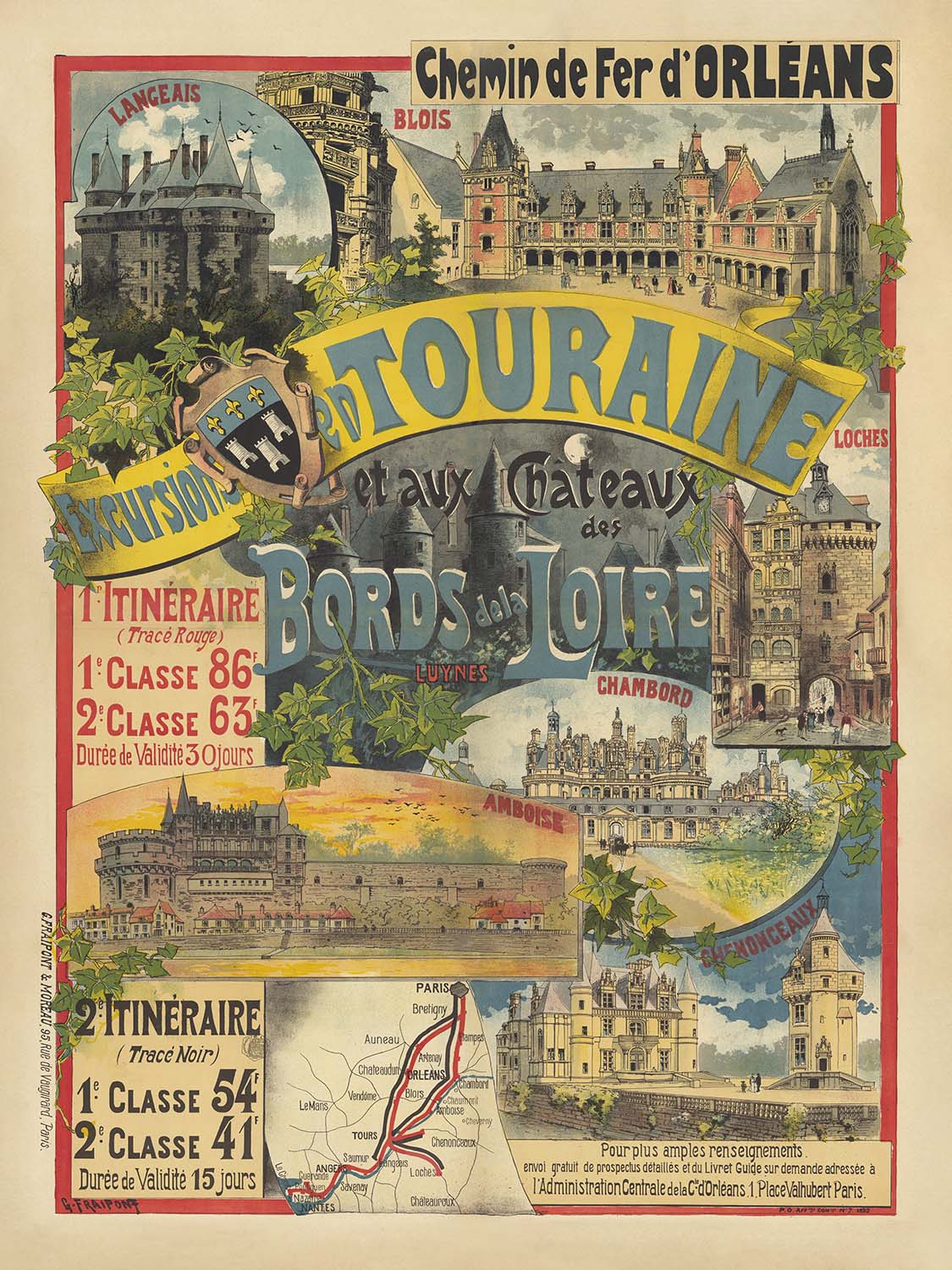 Loire Valley Travel Poster: Excursions en Touraine et aux Châteaux de la Loire by Gustave Fraipont, 1892