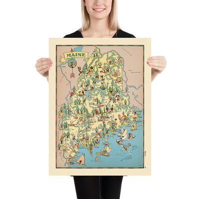 Pictorial Map of Maine by Ruth Taylor White, 1935: Portland, Bangor, Timber, Lobstering, Katahdin