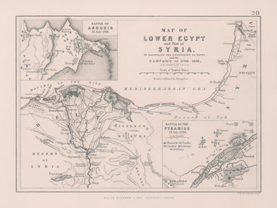 Ancienne carte militaire des batailles de Napoléon en Égypte et en Syrie, 1801 : Aboukir, les pyramides, le Caire, Suez, le Nil