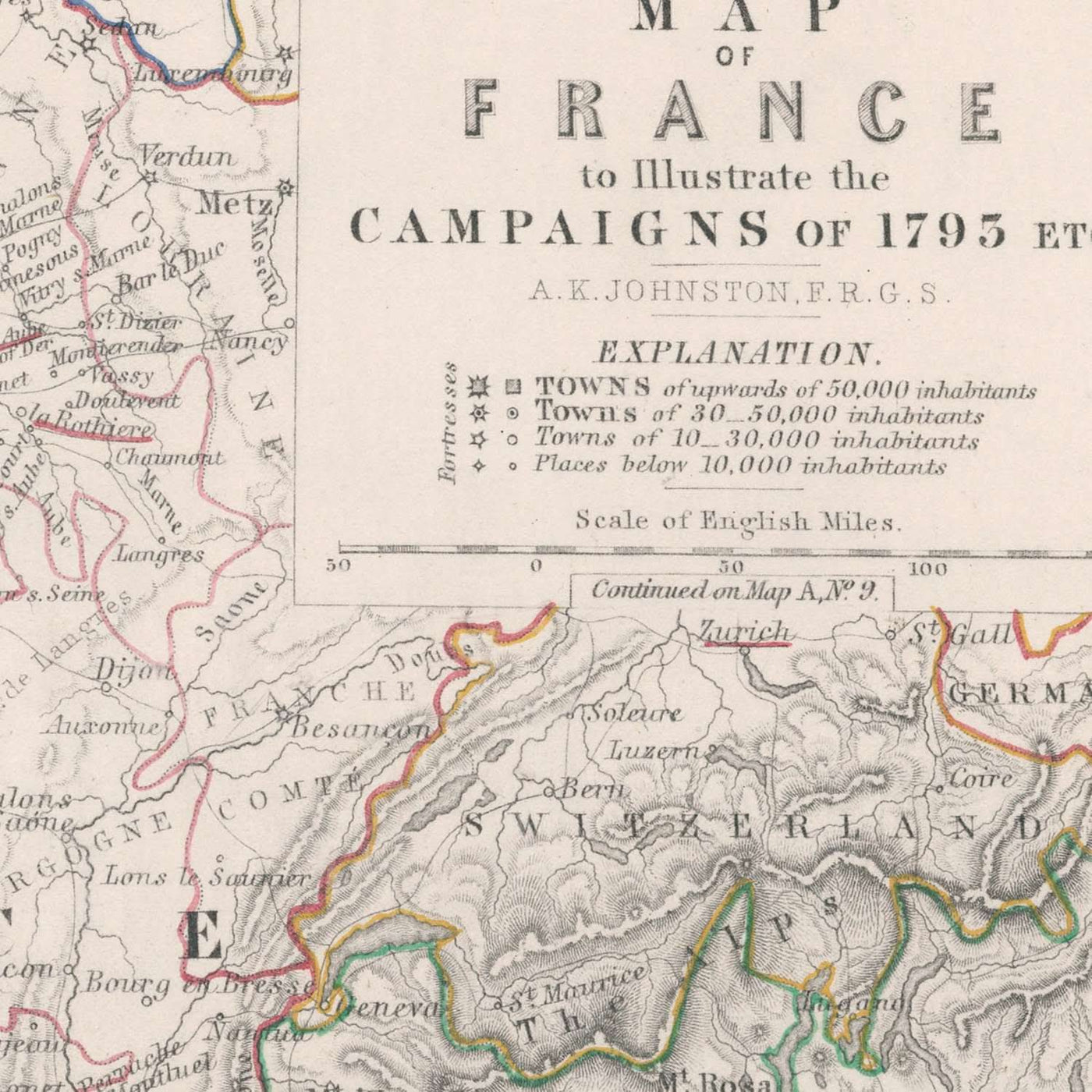 Antiguo mapa militar de las campañas revolucionarias francesas de Johnston, 1793: París, Lyon, Marsella, batallas, rutas