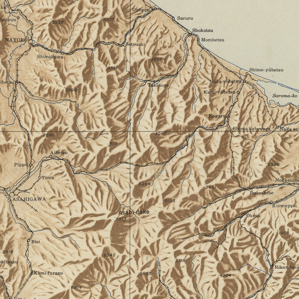 Old Topographic Map of Hokkaido, 1944: US Geological Survey, Sapporo, Asahikawa, Hakodate