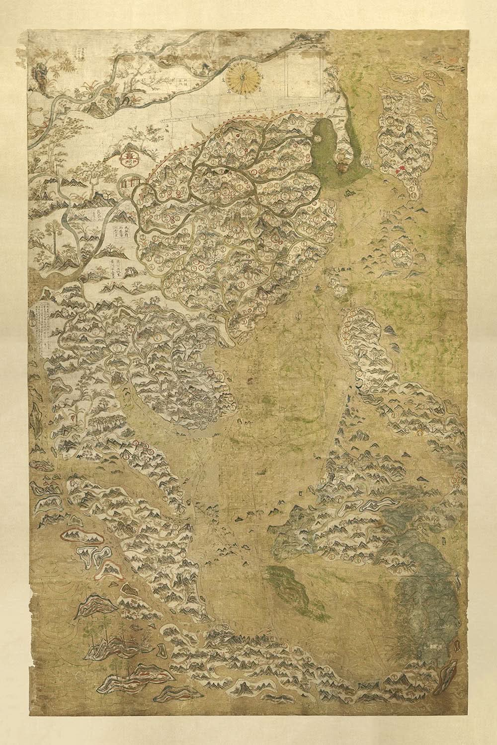 Alte Karte von China und Asien von Anonymous, 1653: Seldens Karte, Handelsrouten, geometrisches Design