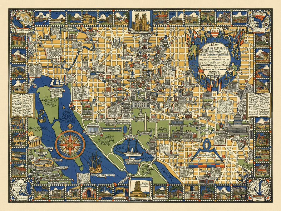 Vecchia mappa pittorica di Washington D.C. di Olsen, 1926: Casa Bianca, Campidoglio, Memoriale di Lincoln, Georgetown, The Mall 
