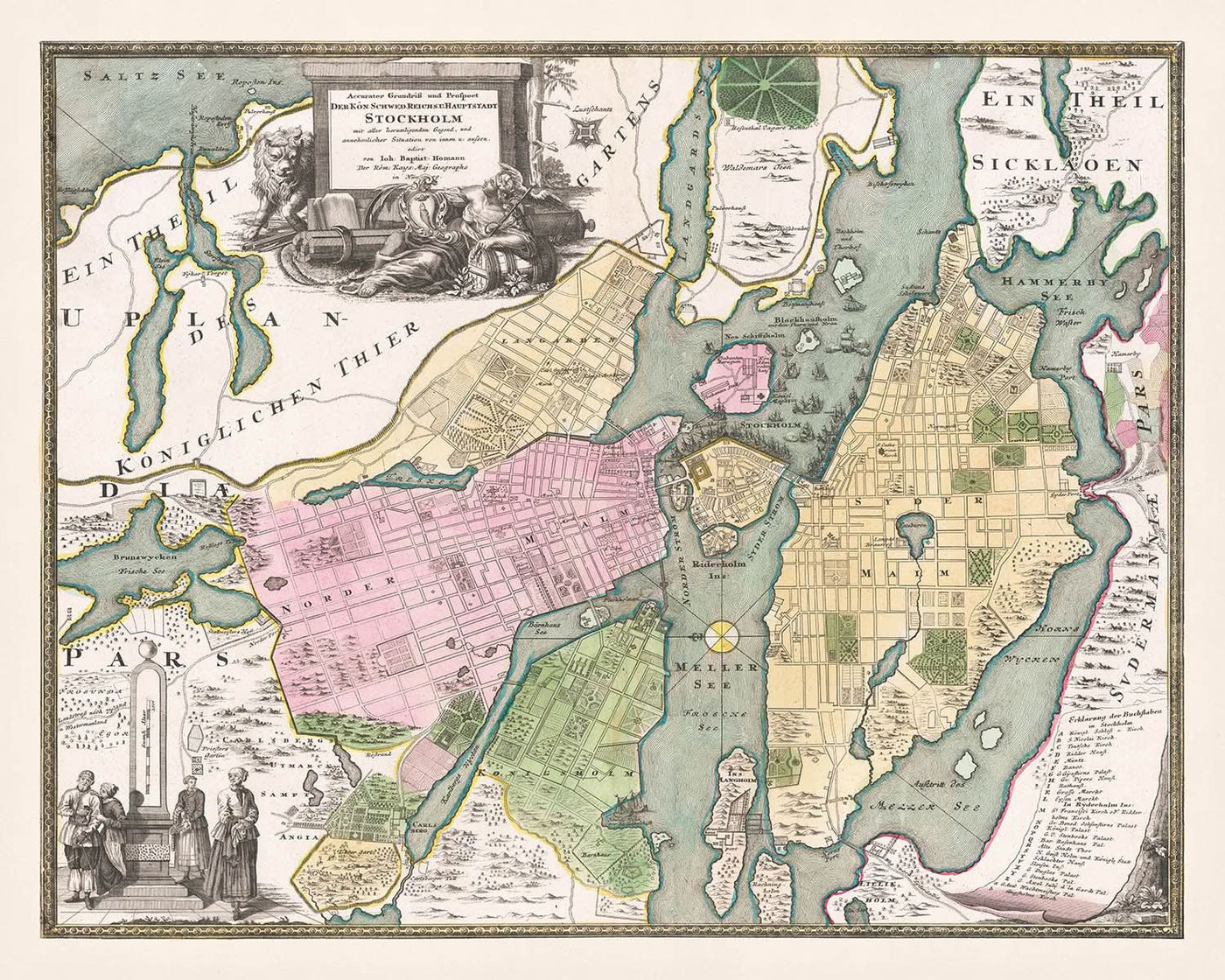 Ancienne carte de Stockholm par Homann, 1720 : Palais Royal, Riddarholmen, Mälaren, Djurgården, Skeppsbron