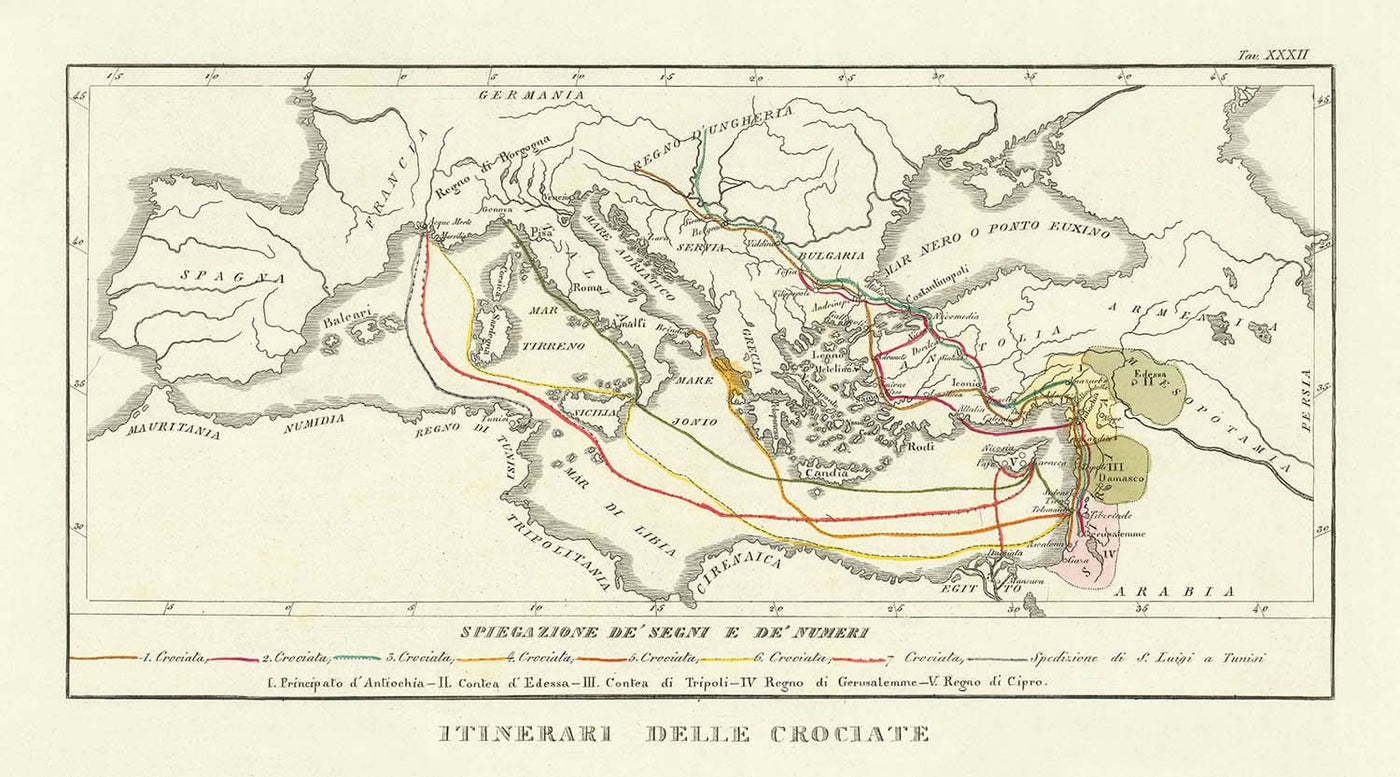 Ancienne carte des croisades par Marmocchi, 1838 : itinéraires, Jérusalem, Antioche, Constantinople, Hongrie