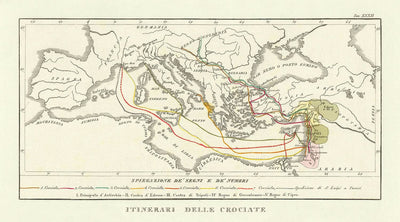 Ancienne carte des croisades par Marmocchi, 1838 : itinéraires, Jérusalem, Antioche, Constantinople, Hongrie