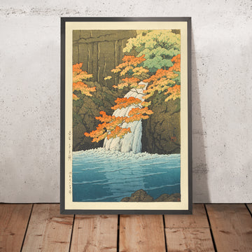 A framed image of Senju Waterfall, Akame by Hasui Kawase, 1935