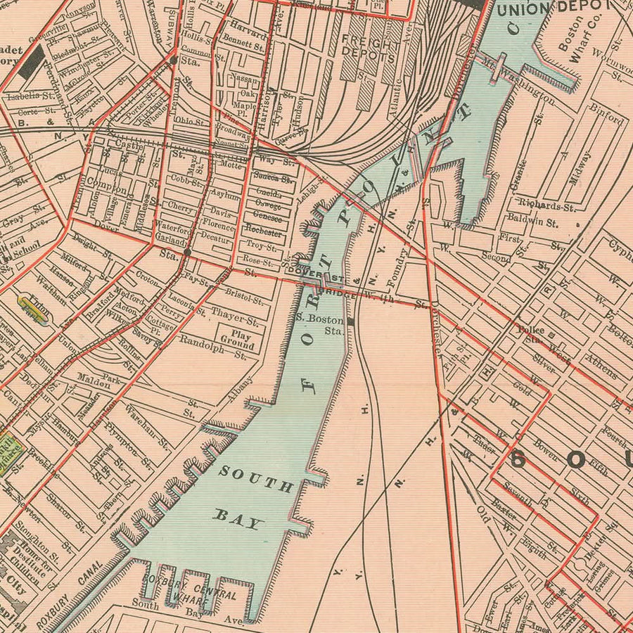 Mappa antica di Boston, 1912: Porto di Boston, South Boston, Roxbury, Boston Common, Giardino Pubblico 