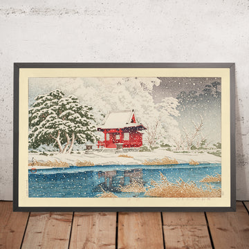 Un’immagine incorniciata del Santuario Inokashira Benten nella neve di Hasui Kawase, 1935