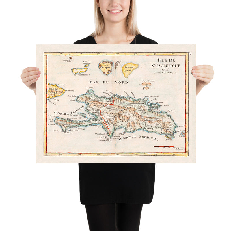 Antica mappa di Haiti e Repubblica Dominicana di Le Rouge, 1748: Santo Domingo, Les Cayques, Turks & Caicos 