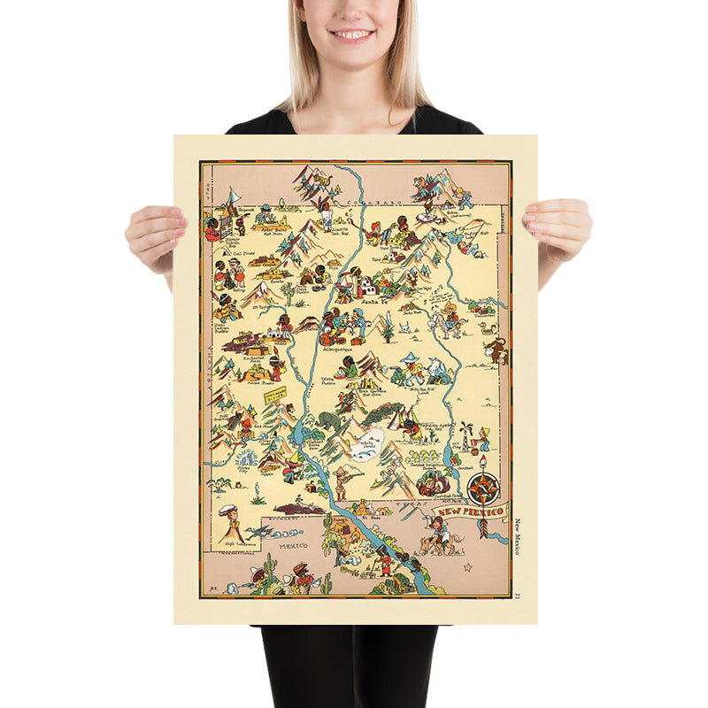 Mappa Pittorica del New Mexico di Ruth Taylor White, 1935: Albuquerque, Santa Fe, Rio Grande, Cavità di Carlsbad, Foresta Nazionale di Gila 