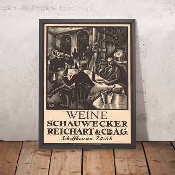 A framed image of Schauwecker Reichart & Cie. Vintage Wine Poster by Henry Bischoff, 1919