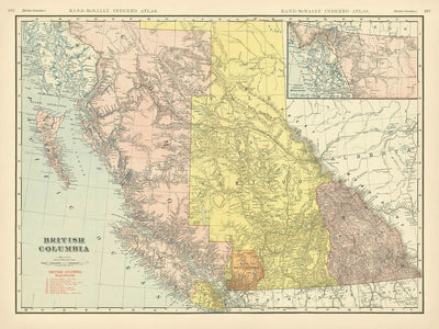 Mapa antiguo de Columbia Británica, 1911: Vancouver, Victoria, ensenadas costeras, montañas, ferrocarriles