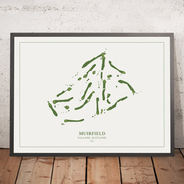 A framed image of Muirfield in the style of a simple and modern golf course map